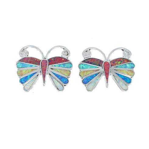 Multicolor Opal Inlay Zuni Butterfly Sterling Silver Post Earrings X10060